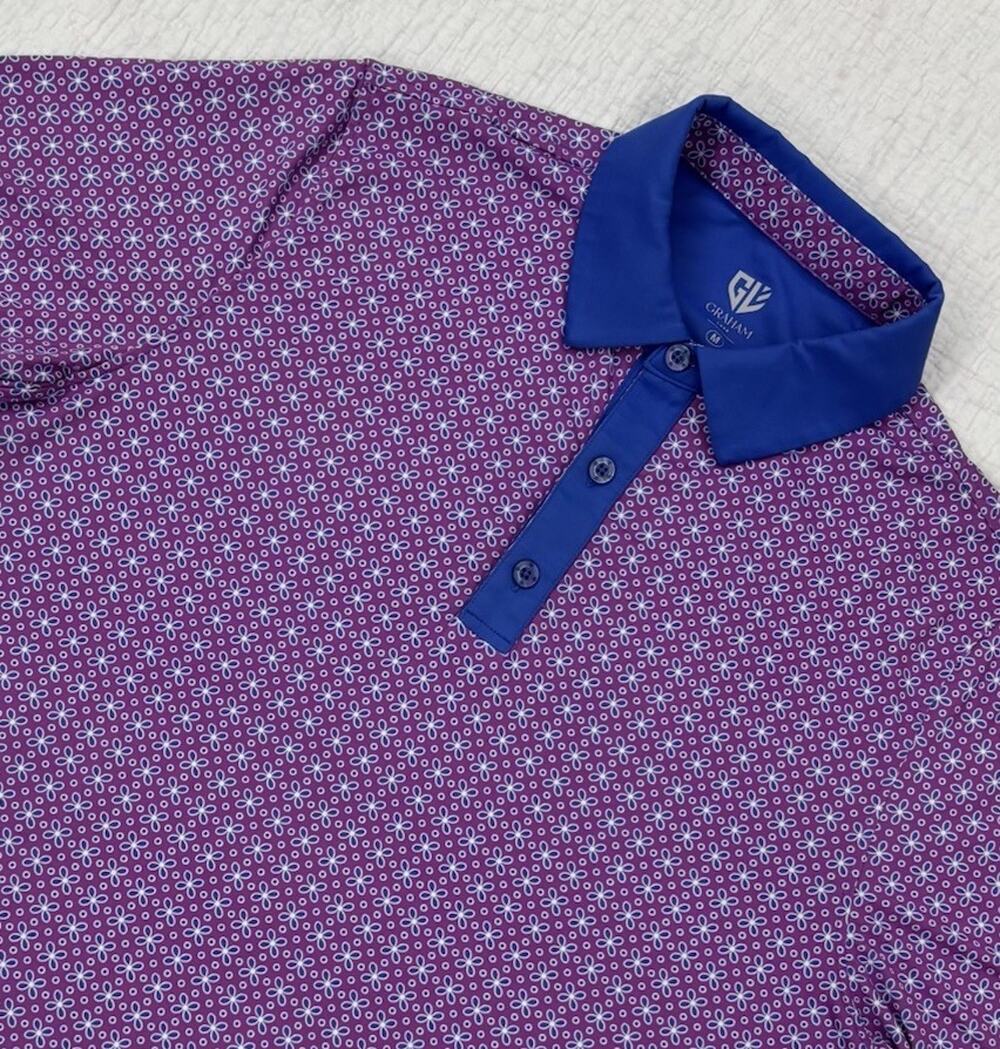 Greyson Polo Shirt Mens Medium Purple Floral Loud Abstract No Course Logo